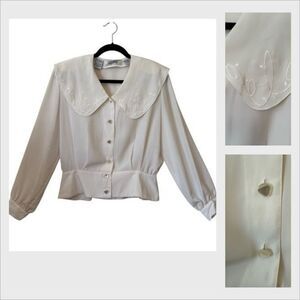 Vintage Josephine Ivory Embroidered Peplum Blouse Sz 10 Old Money, Elegant
